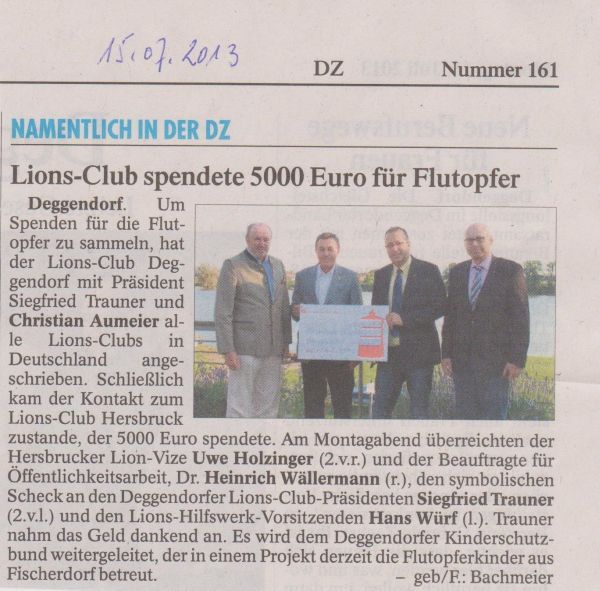 Lions Club spendete 5000 Euro für Flutopfer